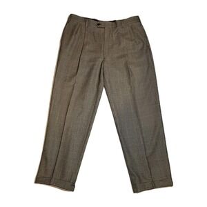 Jos A Bank Mens 38x30 Wool Dress Pants Trousers Brown Houndstooth Pleated Cuffed